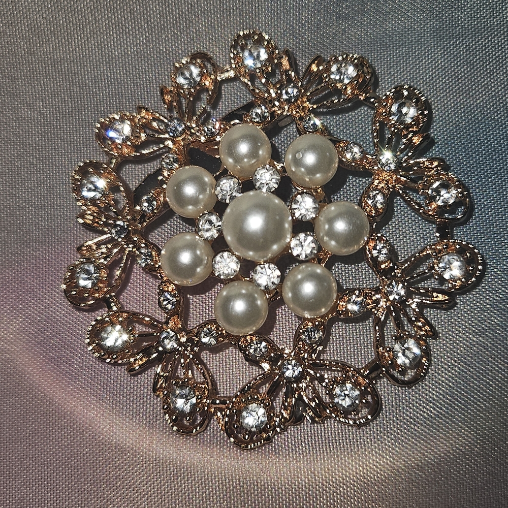 Gold-Tone Pearl & Crystal Floral Brooch